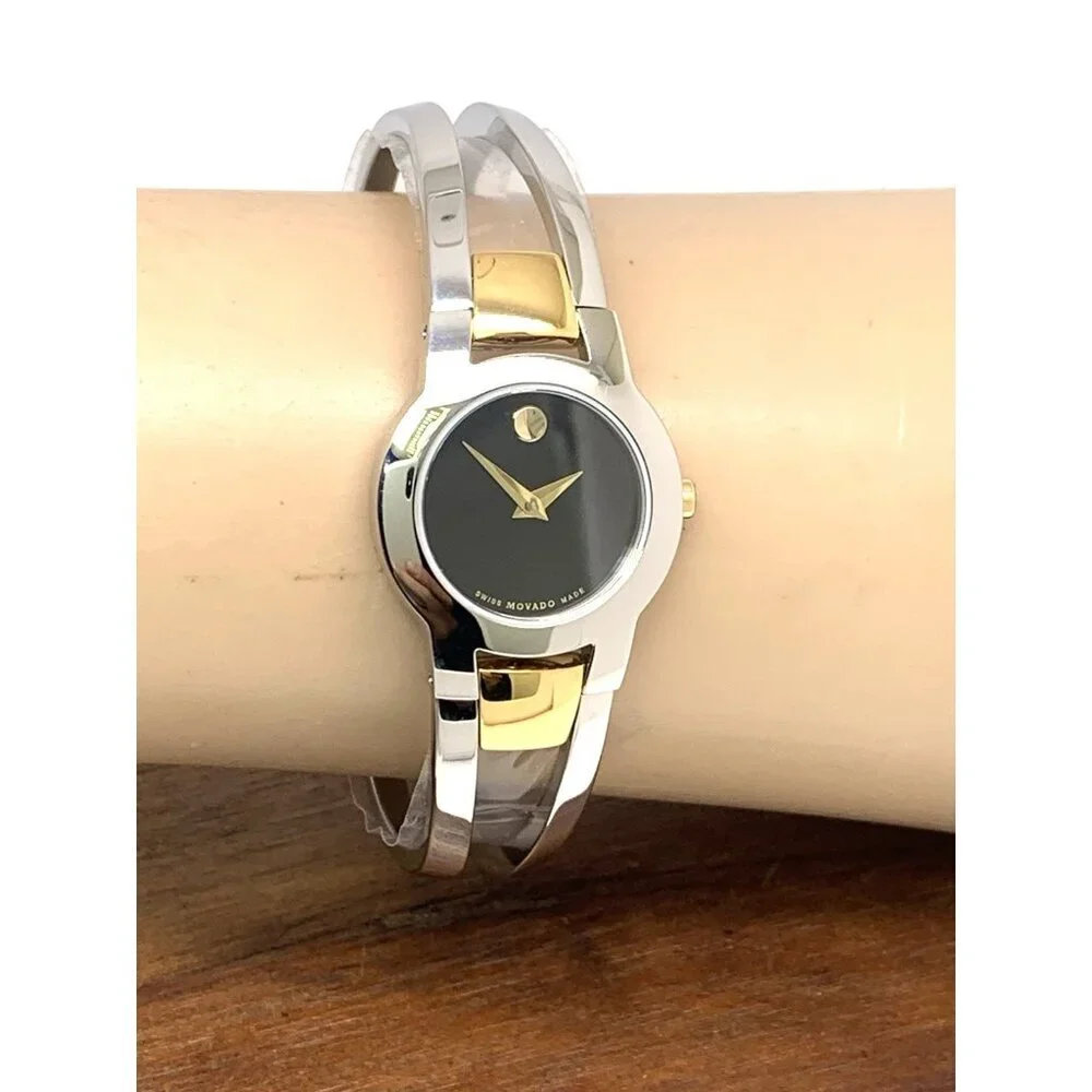 Movado Women's Watch 0606893 Amorosa Black Dial Swiss Quartz 24mm 2-Tone Bangle